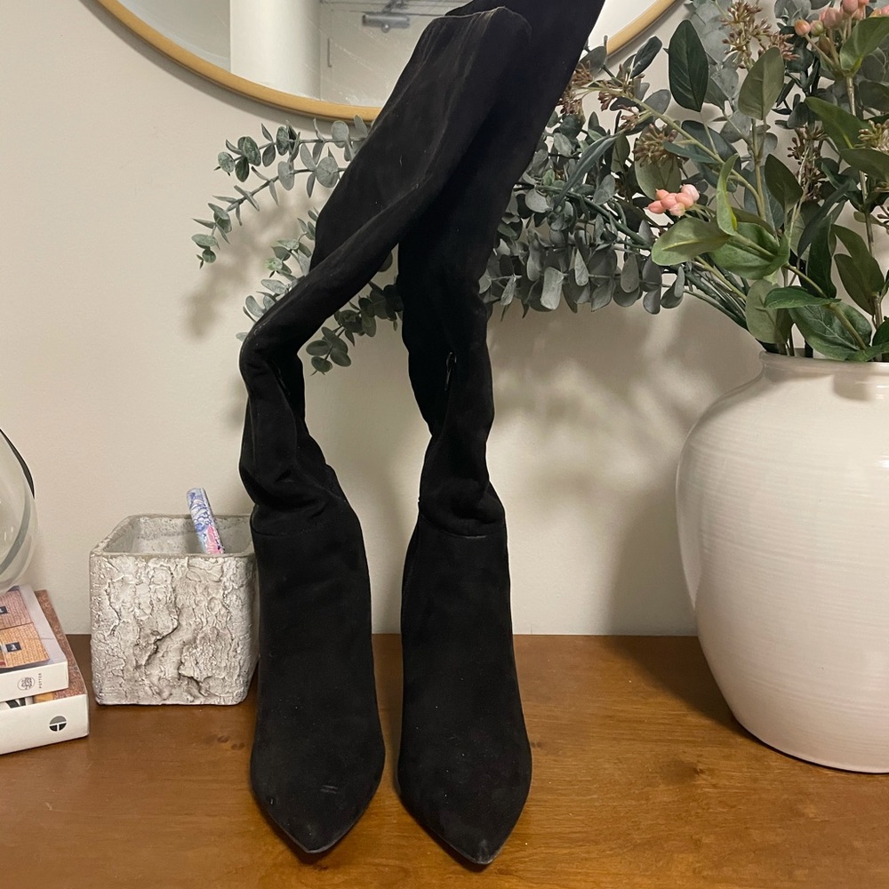 Black faux suede knee high boots